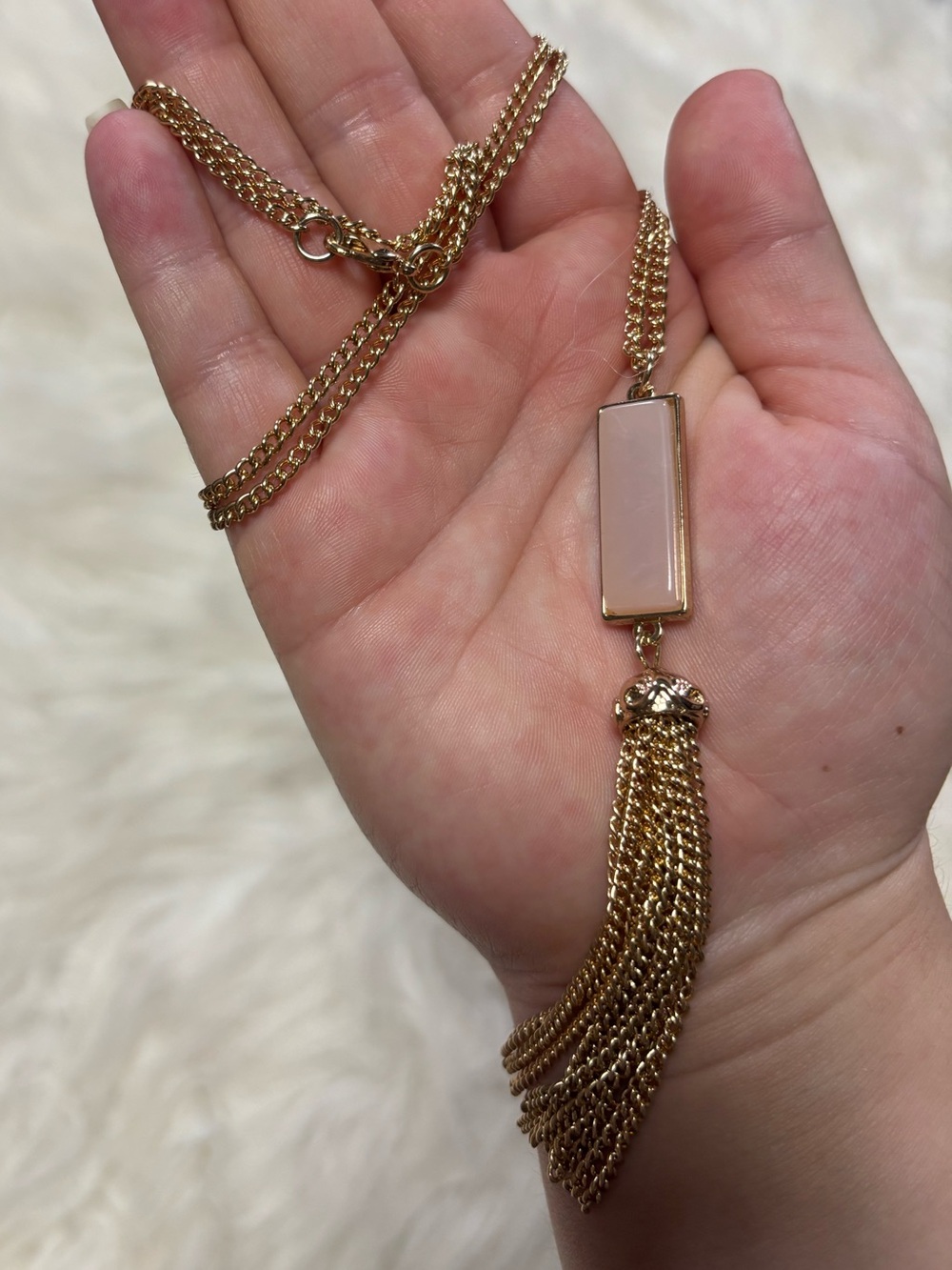 Gold Tassel Pendant Necklace with Pink Stone
